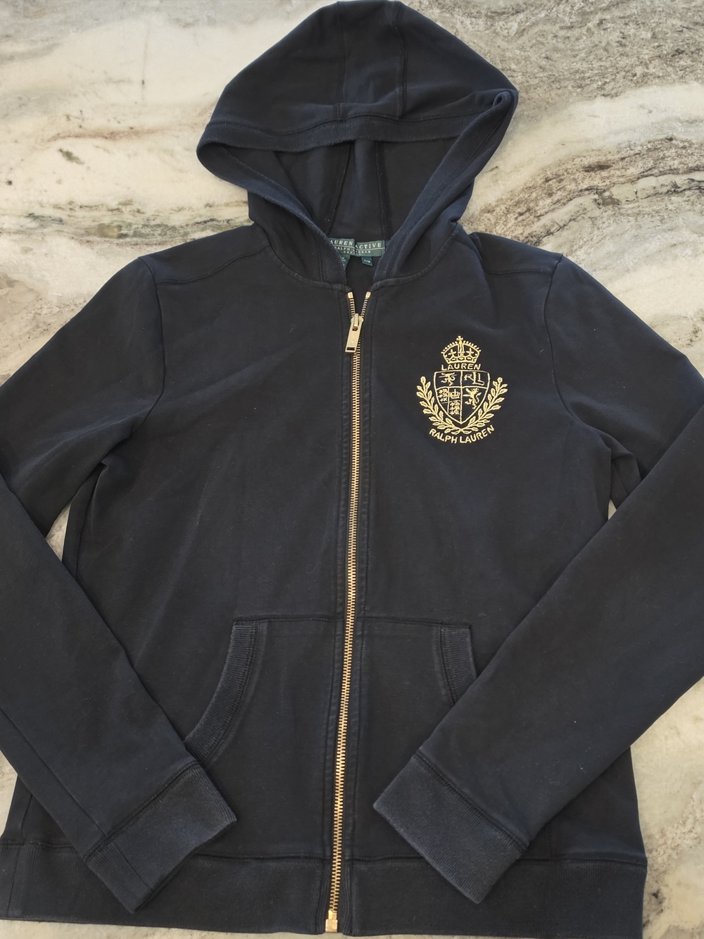 Ralph Lauren Womens Navy Zip Hoodie with Gold Crest Embroidery